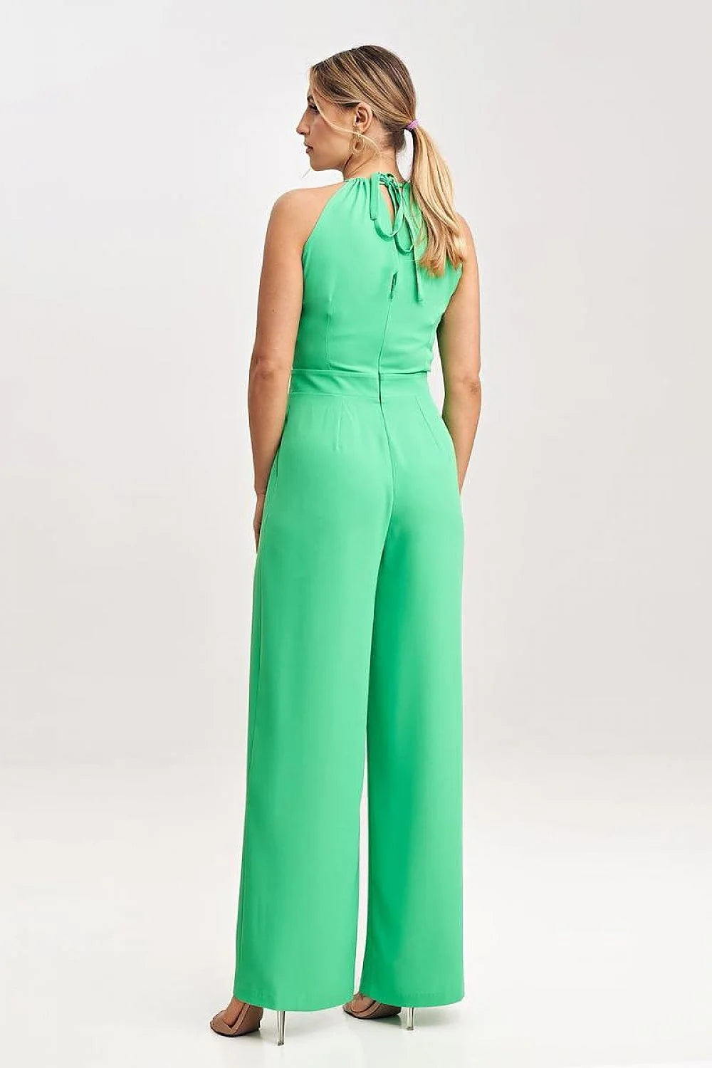 Combinaison pour femmes moderne sans manches jambes larges col haut style élégant polyester vert vif occasion festive taille ajustable
