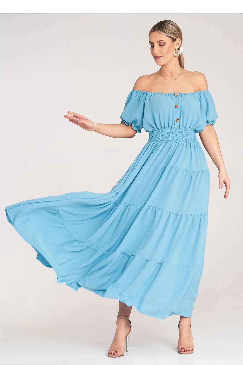 Robe de jour bohème style Bardot manches bouffantes tissu léger bleu ciel polyester elasthanne femme été occasion décontractée