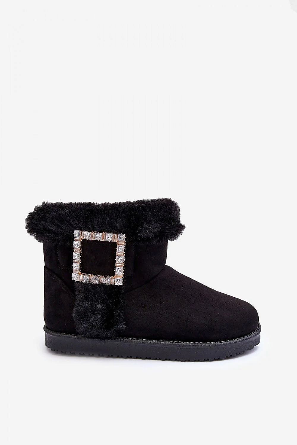 Bottines de neige élégantes pour femmes en cuir suédé noir, fourrure synthétique, boucle strass, semelle caoutchouc, design classique, confort hiver, mode automne/hiver