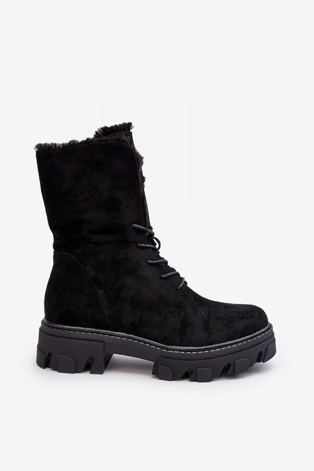 Bottes femmes modernes robustes cuir suédé noir doublure fourrure semelle épaisse lacets talon plat plateforme