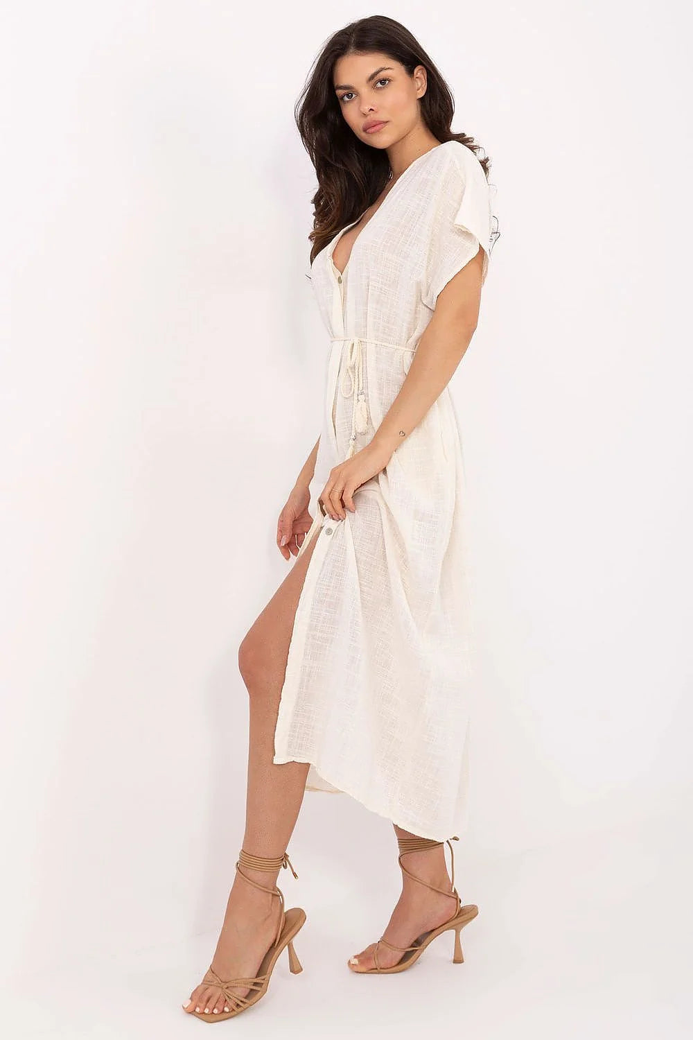 Robe longue en lin crème Och Bella, style boho, coupe fluide, décolleté en V, manches courtes, ceinture à pompons, pour femme, été, occasionnels décontractés
