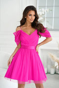 Robe de soirée élégante style espagnol tissu léger manches plongeantes ceinture satinée fuchsia femme