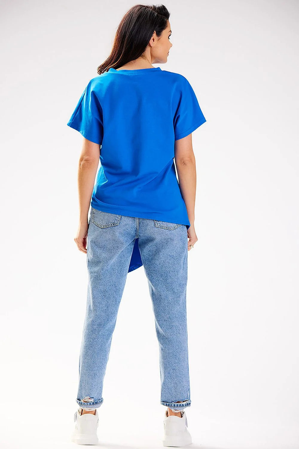 Chemisier Infinite You asymétrique coton doux manches courtes nœud drapé Bleu vif coupe décontractée style moderne femme