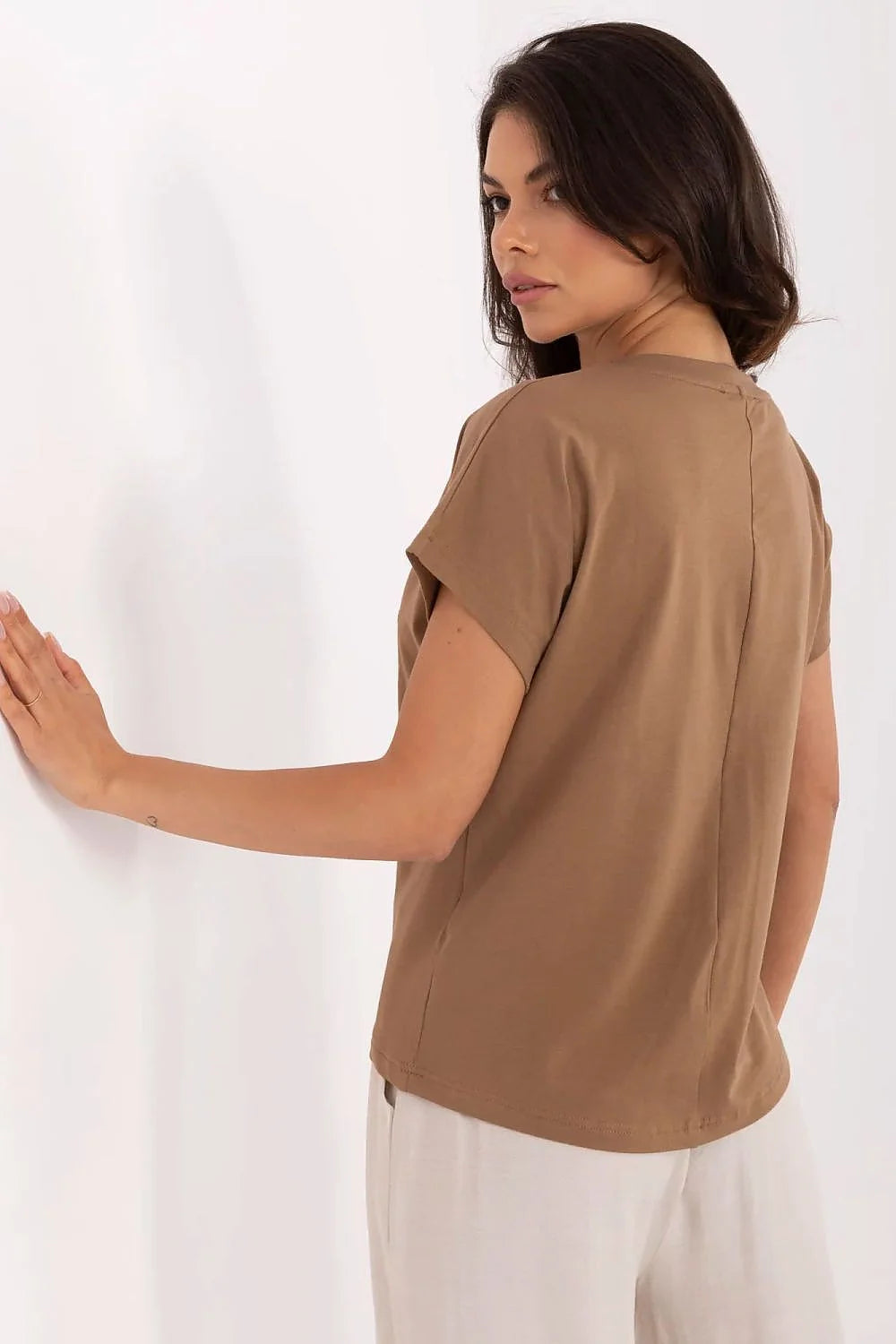T-shirt décontracté YOU DESERVE LOVE doré en V femme tunique élégante beige pantalon fluide occasion sortie quotidien