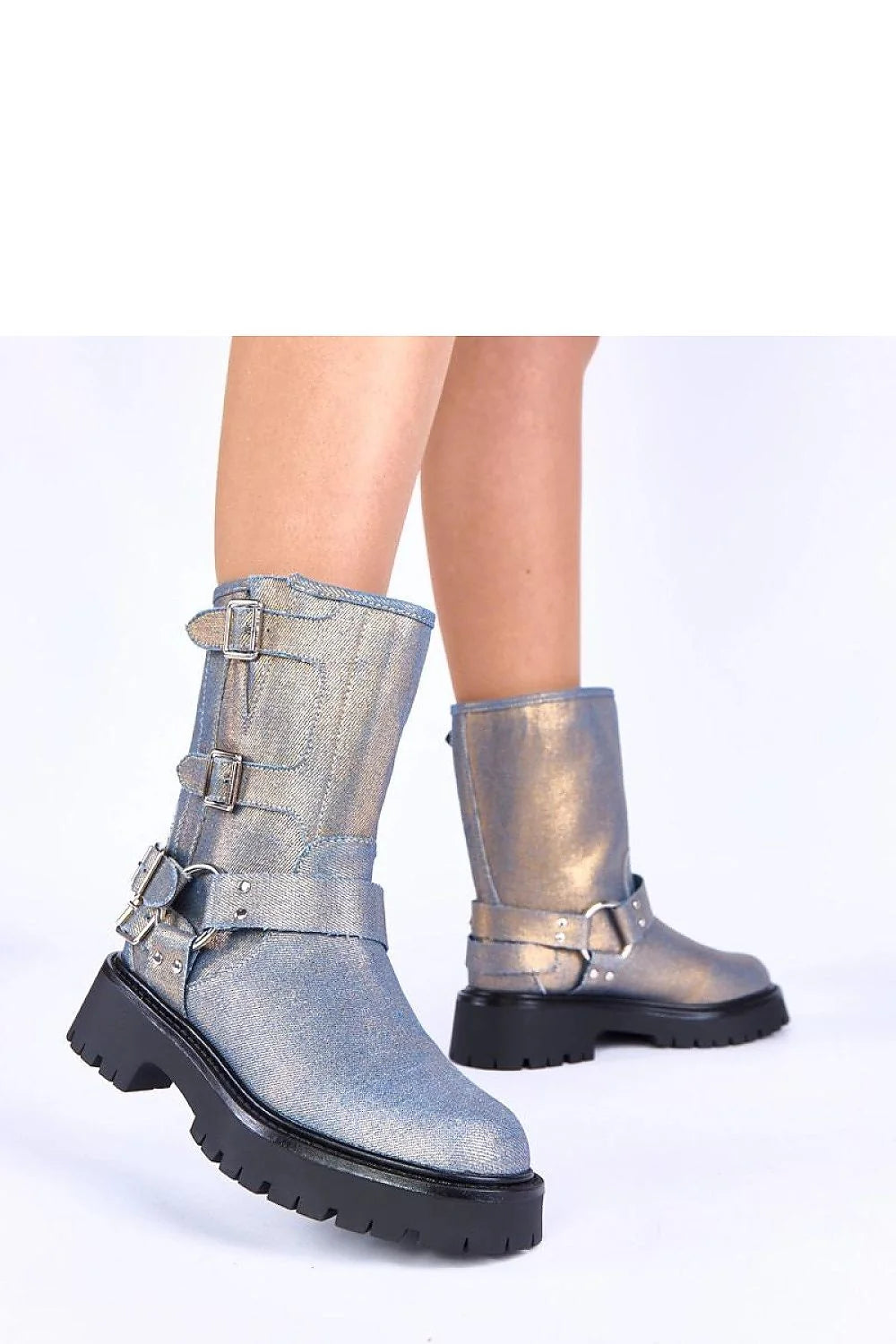 bottines bleues Cara boucles dorées brillantes biker urbain motard mi mollet cuir synthétique texturé semelle crantée noire talon 4cm confort