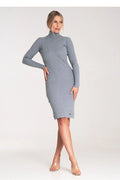 robe pull grise maille coton stretch côtelée col montant manches longues mi mollet fourreau slim ajustée élégante polyvalente bureau soirée
