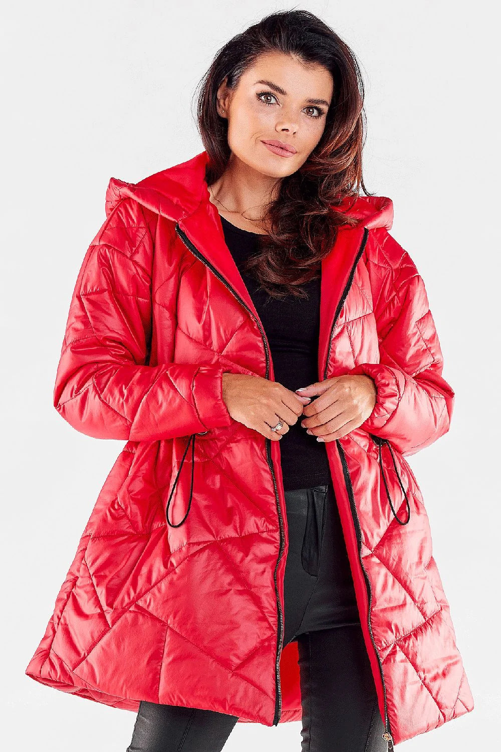 Manteau d'hiver pour femme moderne fonctionnel coupe évasée longueur midi capuche ajustable fermeture éclair cordon taille tissu brillant surpiqûres géométriques élastiques poignets polyester