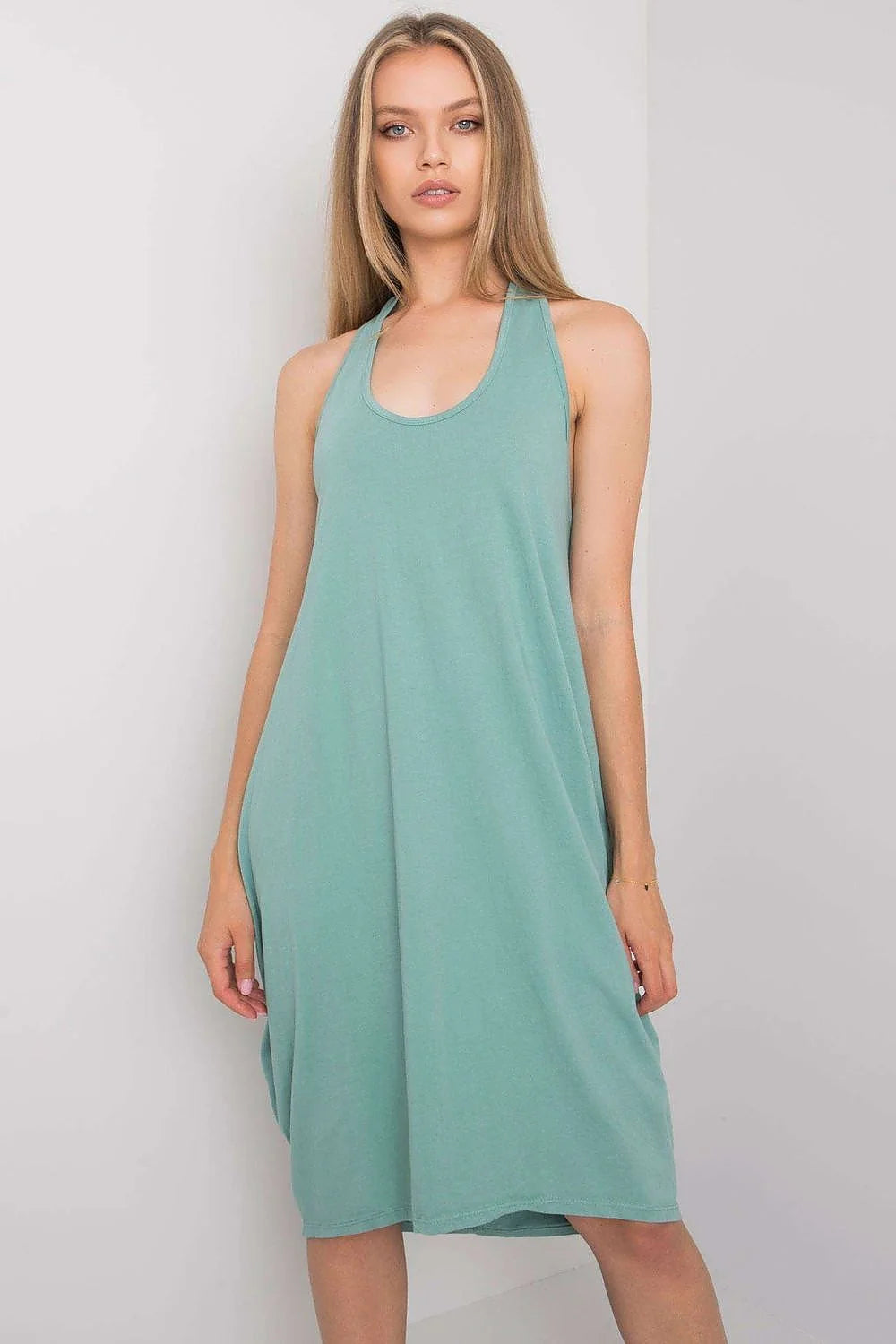 Robe de jour style décontracté été sans manches coupe trapèze longueur genou coton vert menthe femme polyvalente