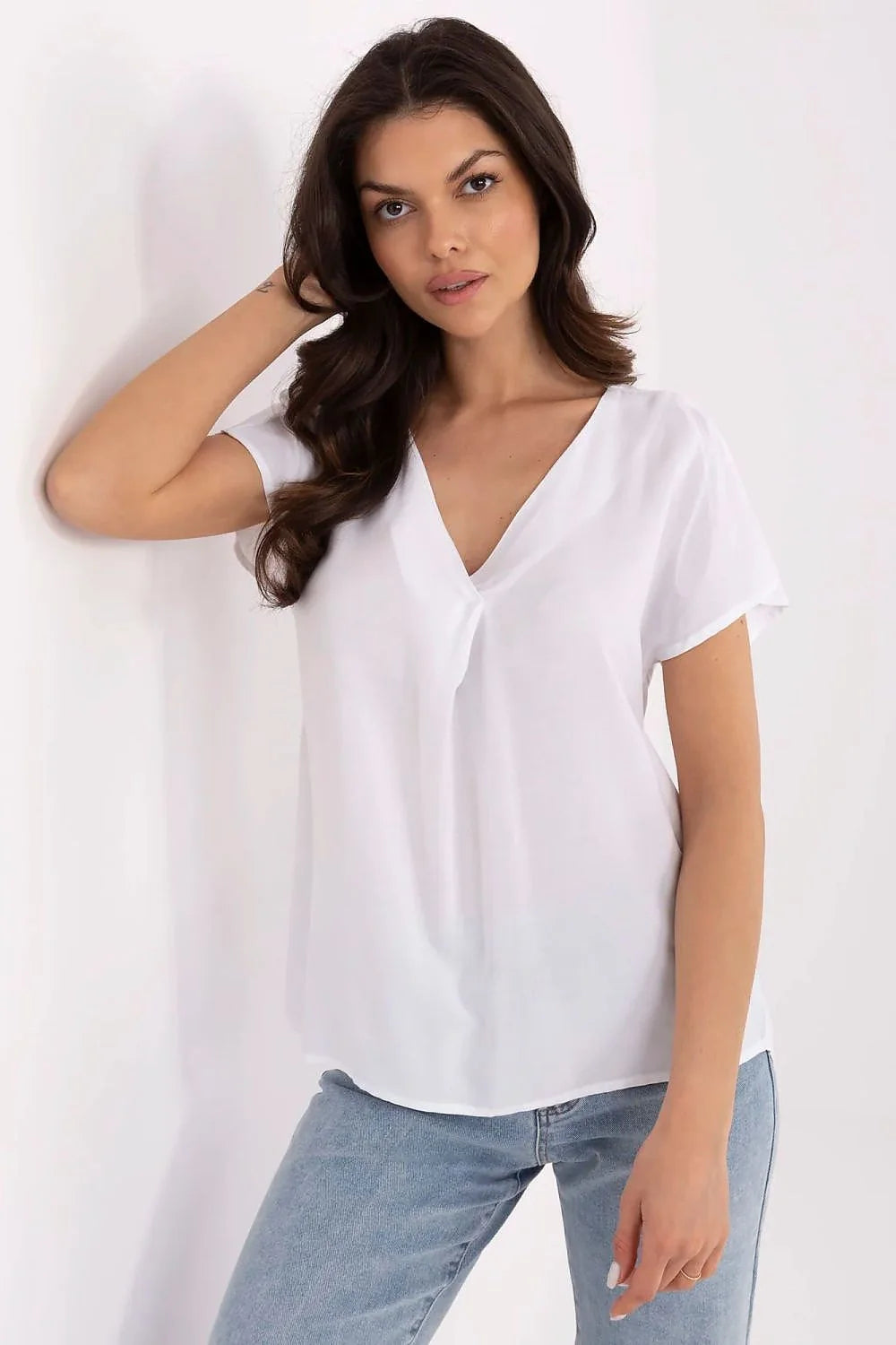 Chemisier Sublevel élégant décolleté V manches courtes coupe droite tissu fluide blanc pur femmes occasionnels professionnels