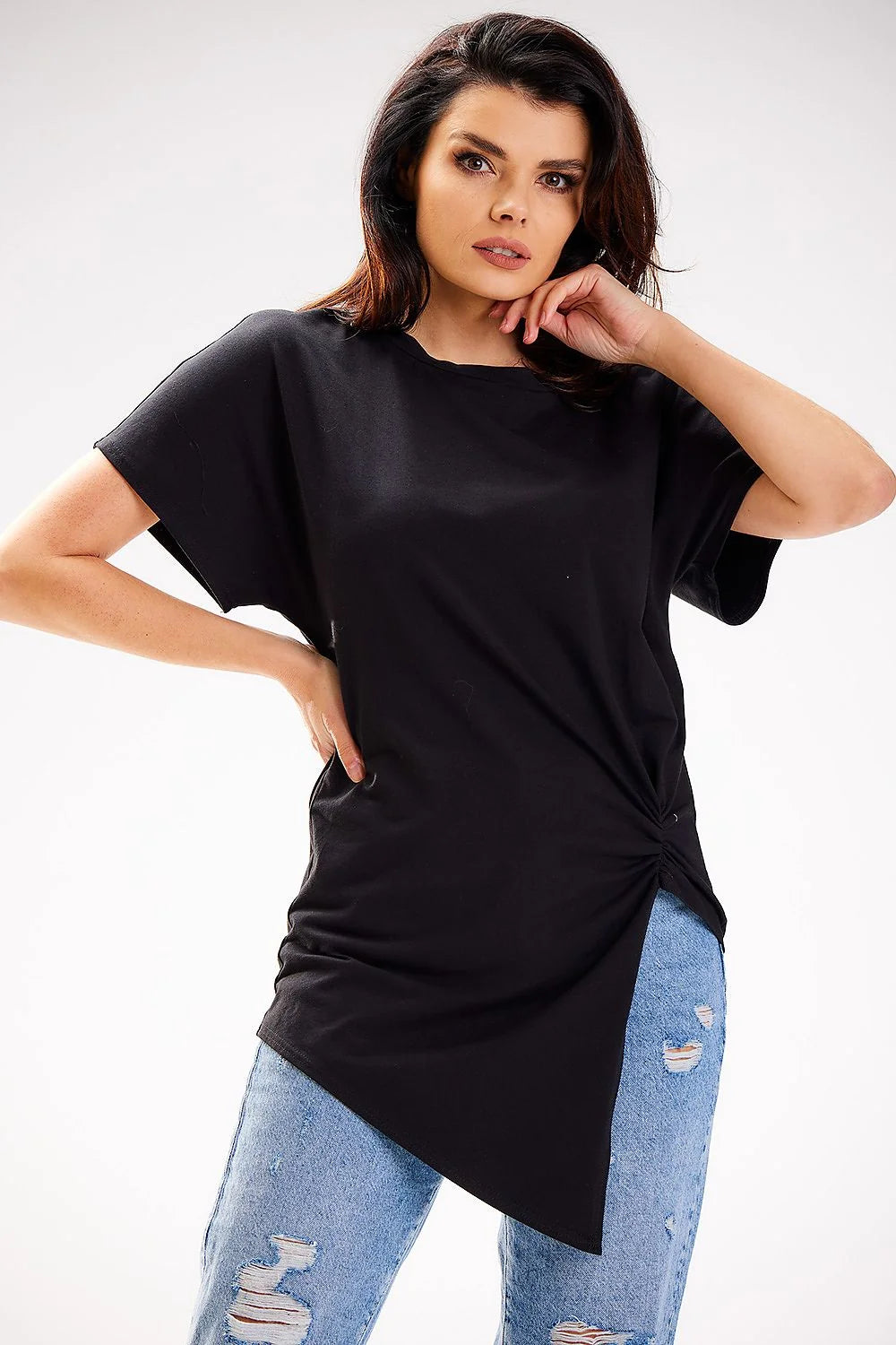 Chemisier asymétrique moderne pour femme en coton manches courtes couleur noire taille S/M-L/XL