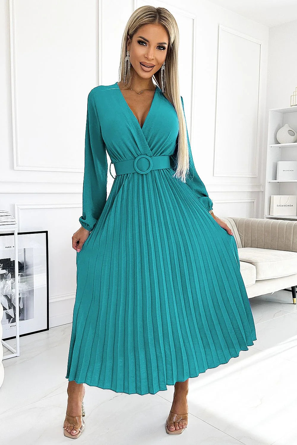 robe cocktail midi cachecoeur mancheslongues ceintureintégrée boucle ronde jupe plissée fluide crêpe turquoise silhouette cintrée drapée élégante sophistiquée cérémonie