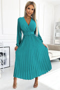 robe cocktail midi cachecoeur mancheslongues ceintureintégrée boucle ronde jupe plissée fluide crêpe turquoise silhouette cintrée drapée élégante sophistiquée cérémonie