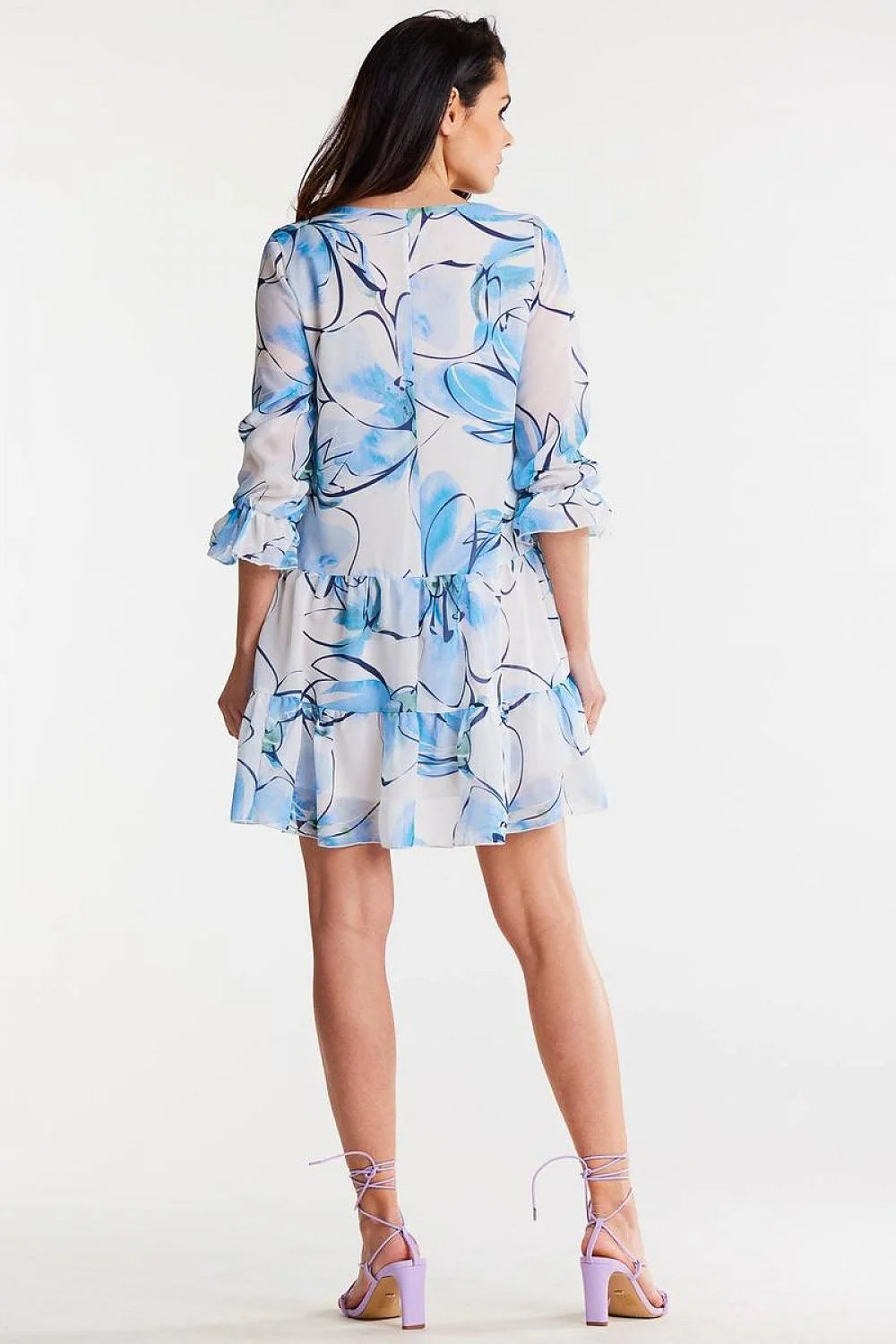Robe de jour awama en mousseline de soie imprimée floral bleu vert noir taille ajustable femme