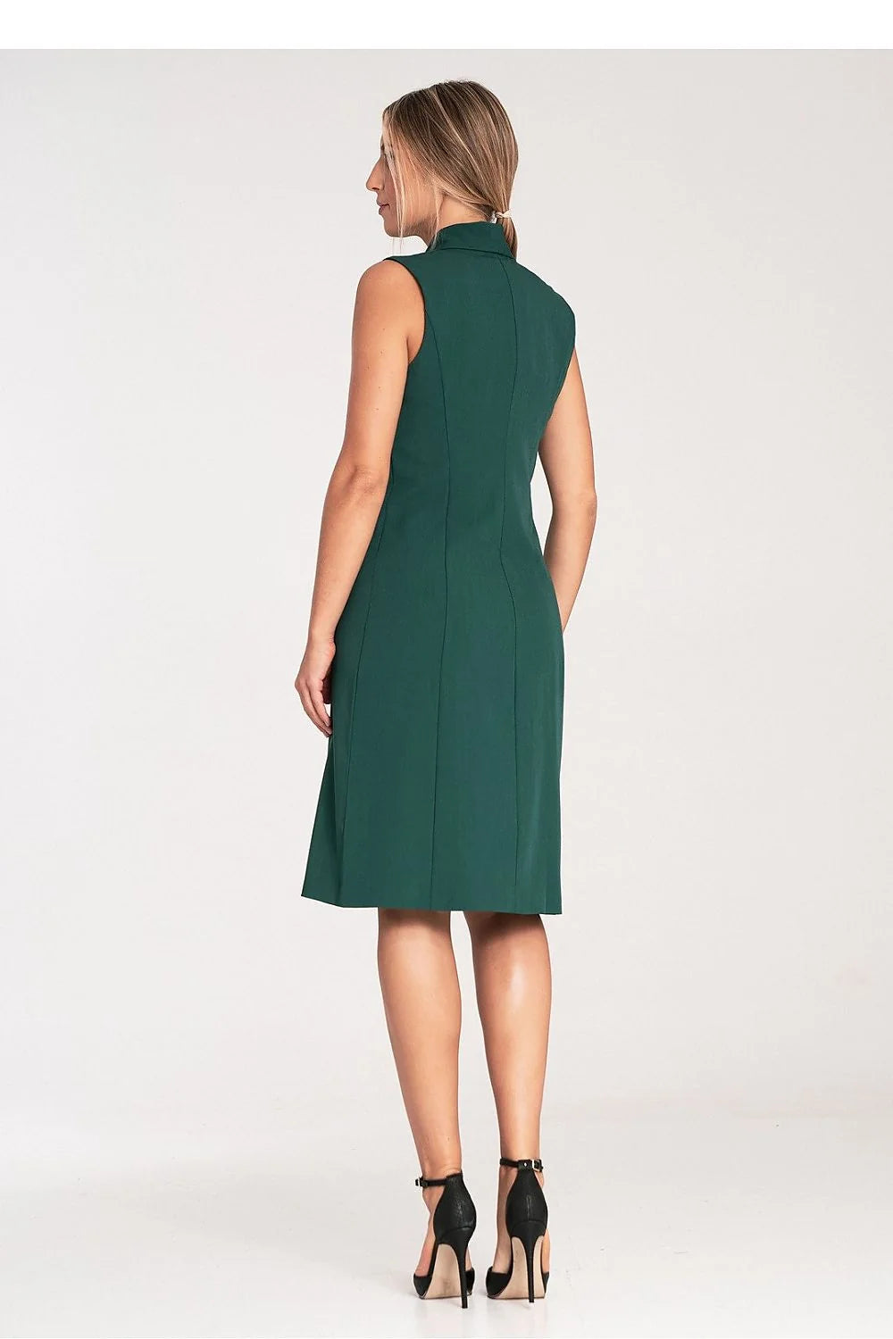 Robe élégante sans manches style veston croisé couleur verte foncée matières de haute qualité femme coupe droite ajustée
