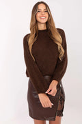 pull femme maille épaisse pelucheuse chocolat coupe courte droite col rond manches longues bouffantes côtelées douceur chaleur durable polyvalent