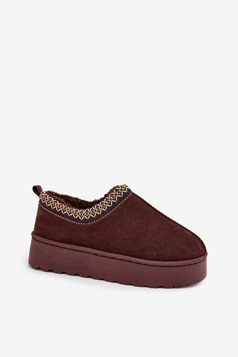 bottes neige femme suédine écologique broderie bordure marron plateforme caoutchouc isolantes doublure fourrure chaude confort chaleur semelle crantée antidérapante