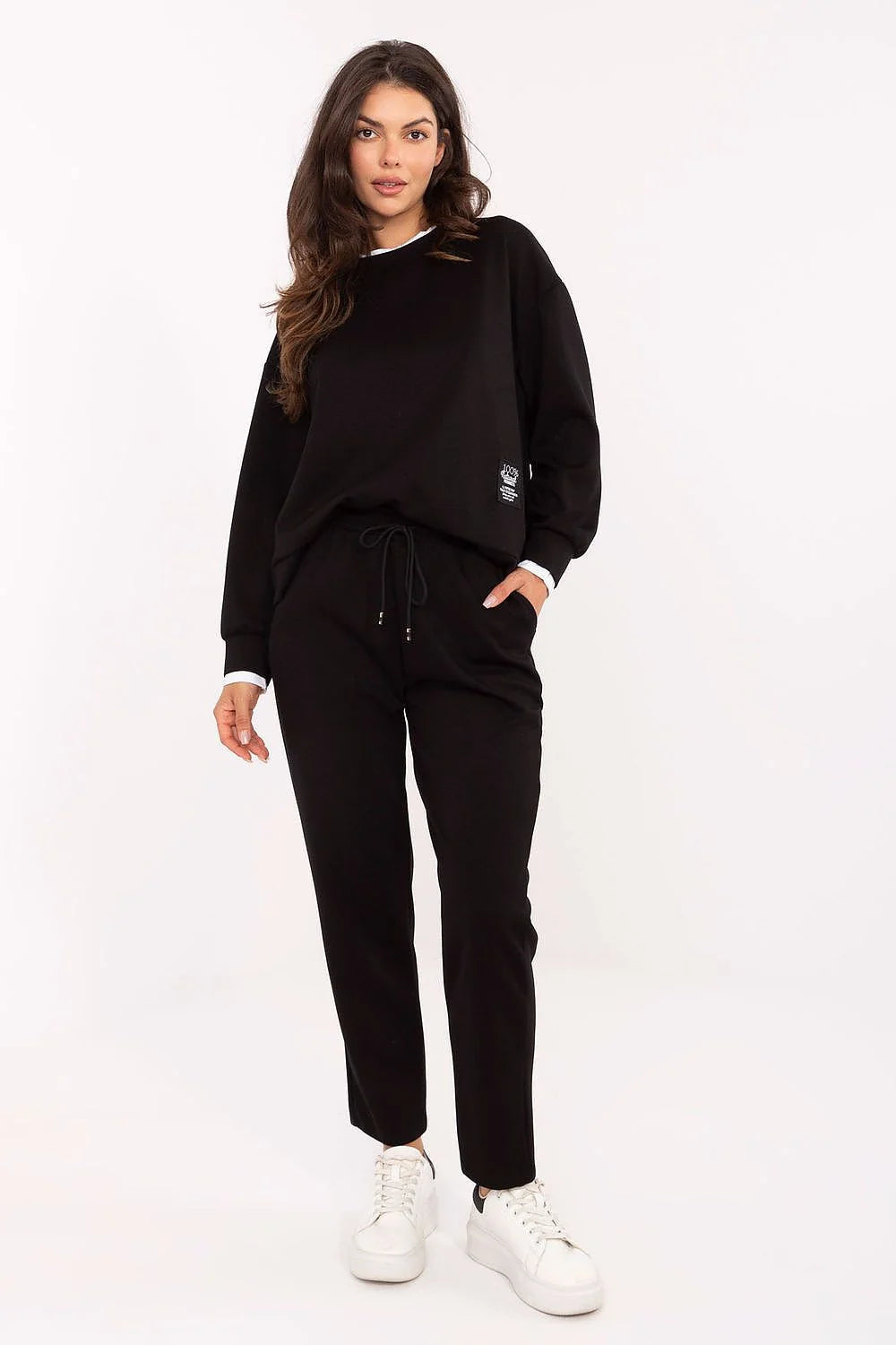 ensemble femme noir athleisure sweat jogger col rond manches longues bords côtes taille haute cordon poches latérales viscose elasthanne