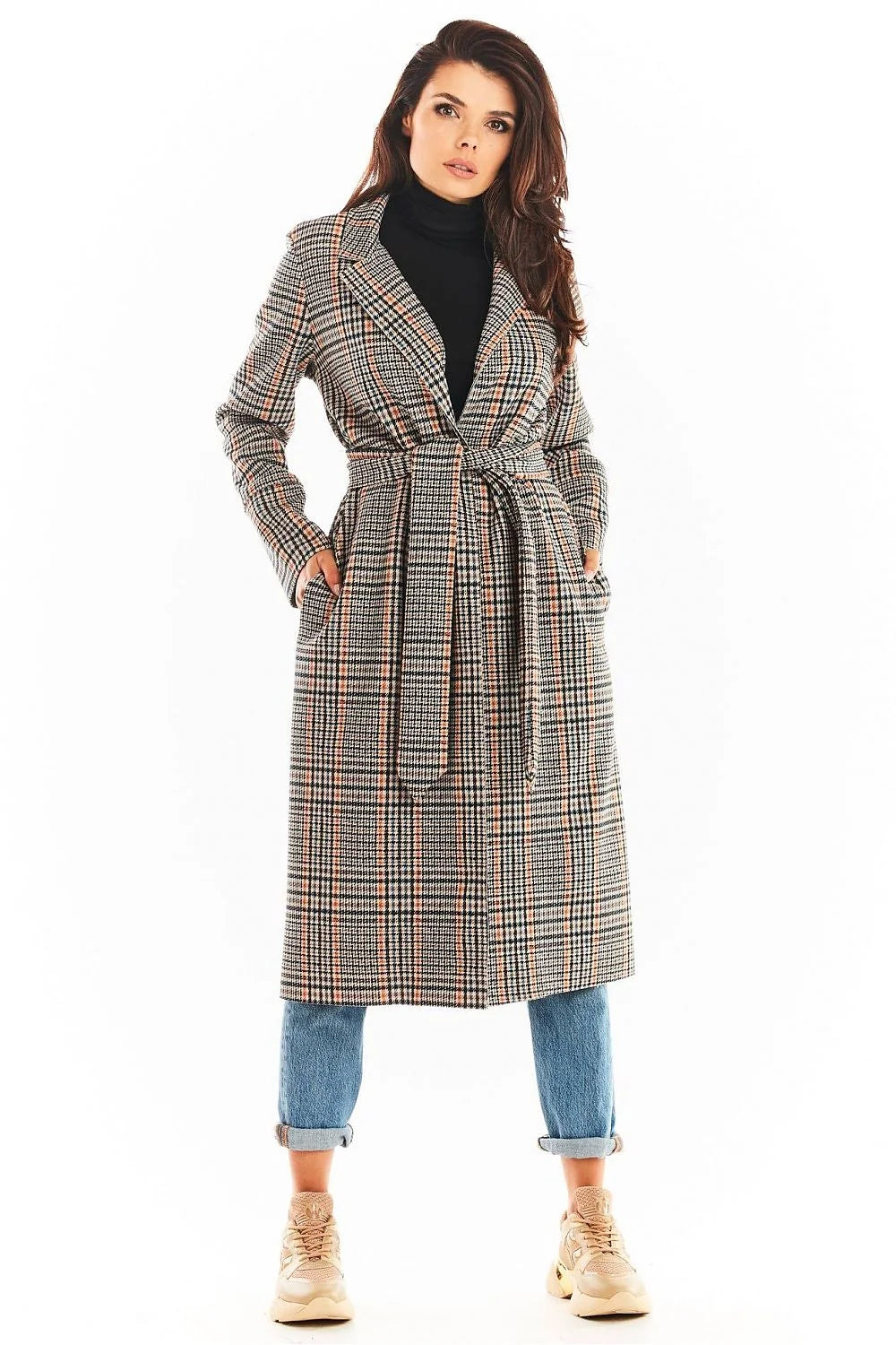Manteau Prince de Galles pour femme, style élégant, double col, ceinture amovible, laine et polyester, taille ajustable, coupe droite, poches latérales, occasion formelle et décontractée, fabriqué en Pologne