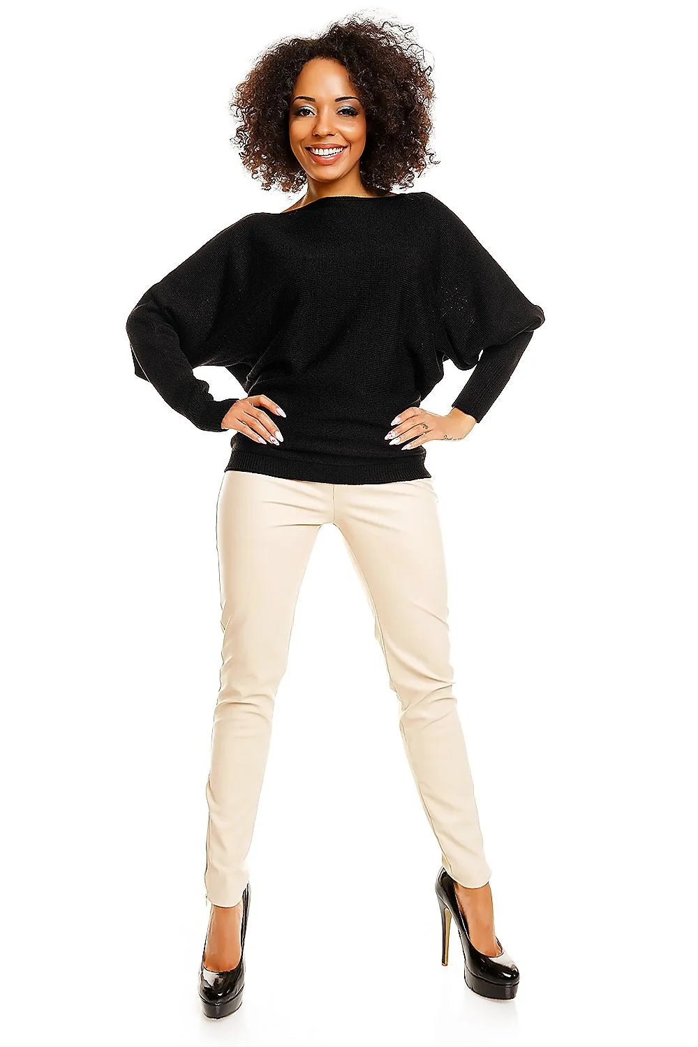 Pull kimono ample chauve-souris Pee Ka Boo manches longues encolure bateau noir acrylique 100% confortable femmes