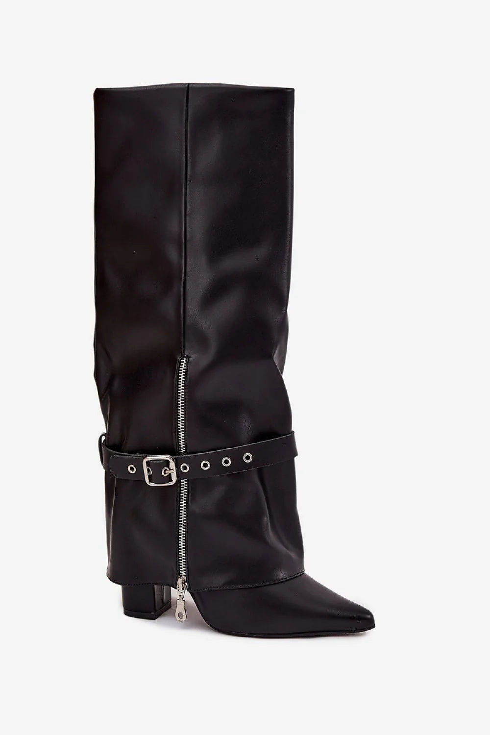 bottes talons similicuir noir hautes tige droite froncée bout pointu talon effilé zip latérale sangle ajustable boucle argentée