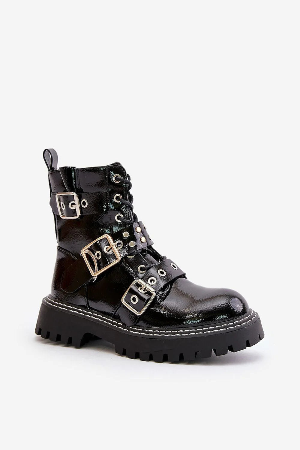 Bottines femmes style audacieux contemporain cuir verni noir sangles ajustables boucles métalliques argentées lacets métalliques doublure confortable semelle caoutchouc crantée tendance automne-hiver urbain-chic