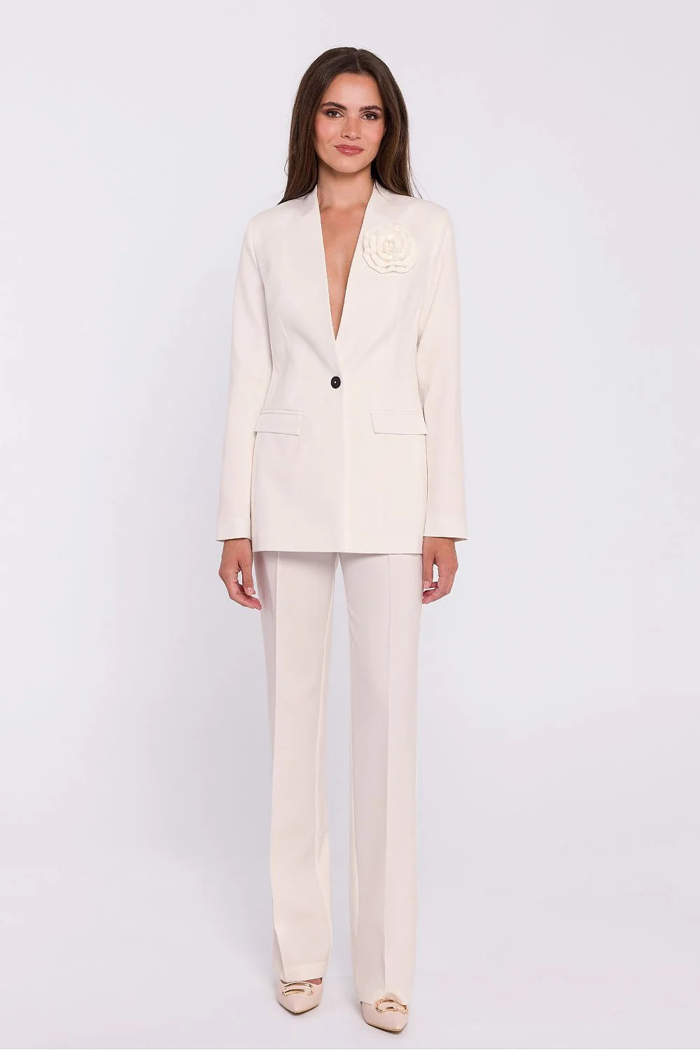 Veste Stylove élégante moderne pour femme sans col fleure décorative couleur crème taille ajustée blazer doublé