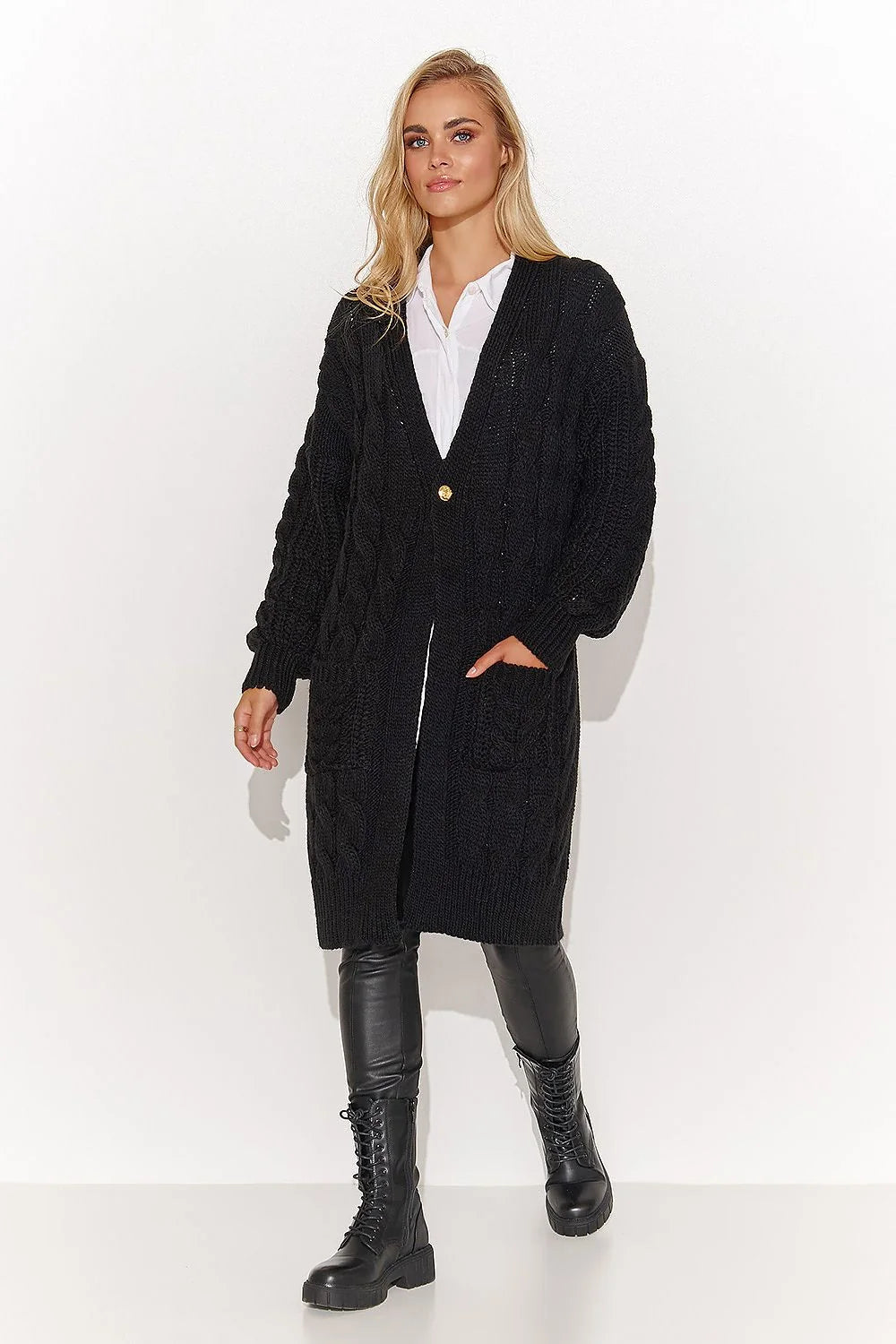 Cardigan Makadamia Femme Longue Écossais Torsades Manches Longues Poche dorée Cappuccino Beige Miel Noir Chocolat