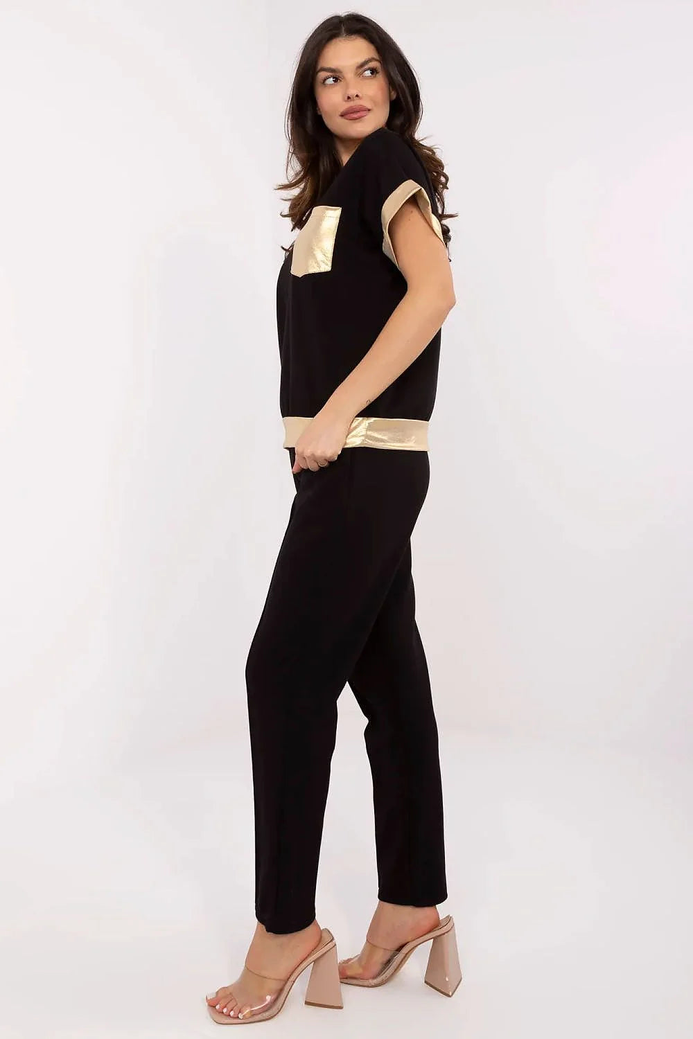 Ensemble féminin Italy Moda chemisier V-neck manches courtes pantalon taille haute doré élégance mode