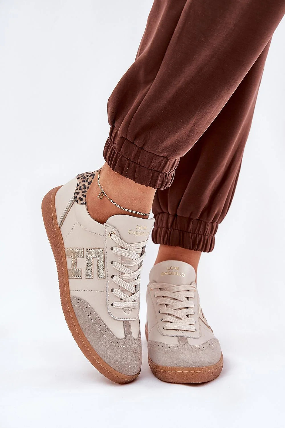 Chaussures de sport Step in style femmes cuir naturel daim gris beige logo doré motif scintillant cheville imprimé léopard semelle caoutchouc gomme