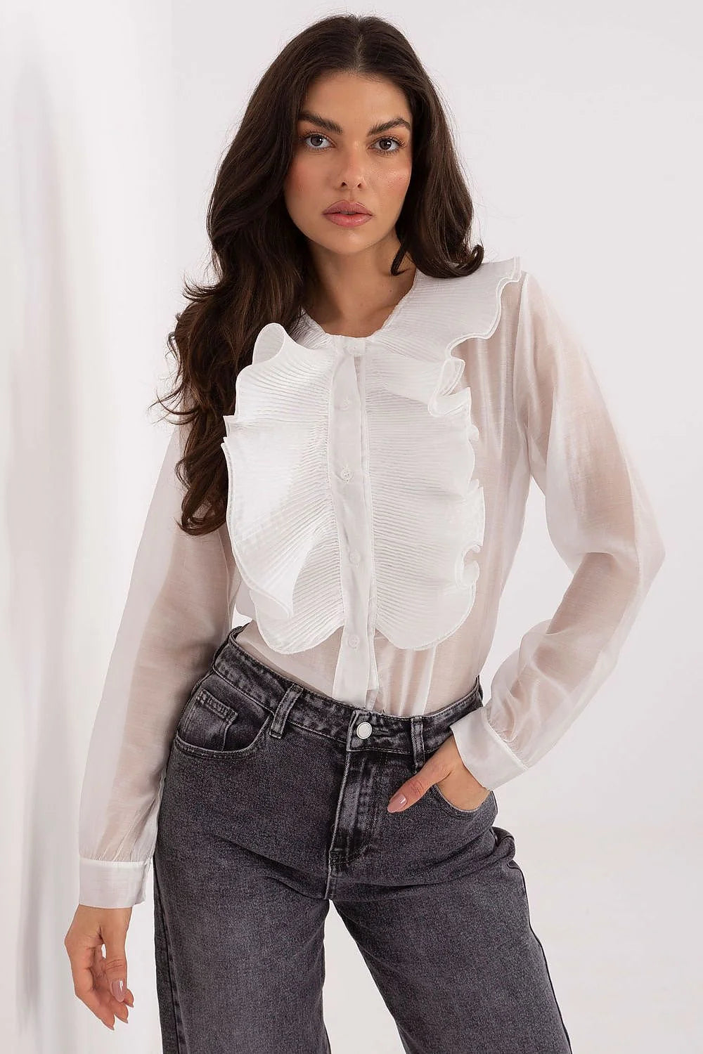 chemise femme manches longues blanche tencel polyester semitransparent chiffon plastron volant plissé col rond romantique vintage droite cintrée poignets boutonnés