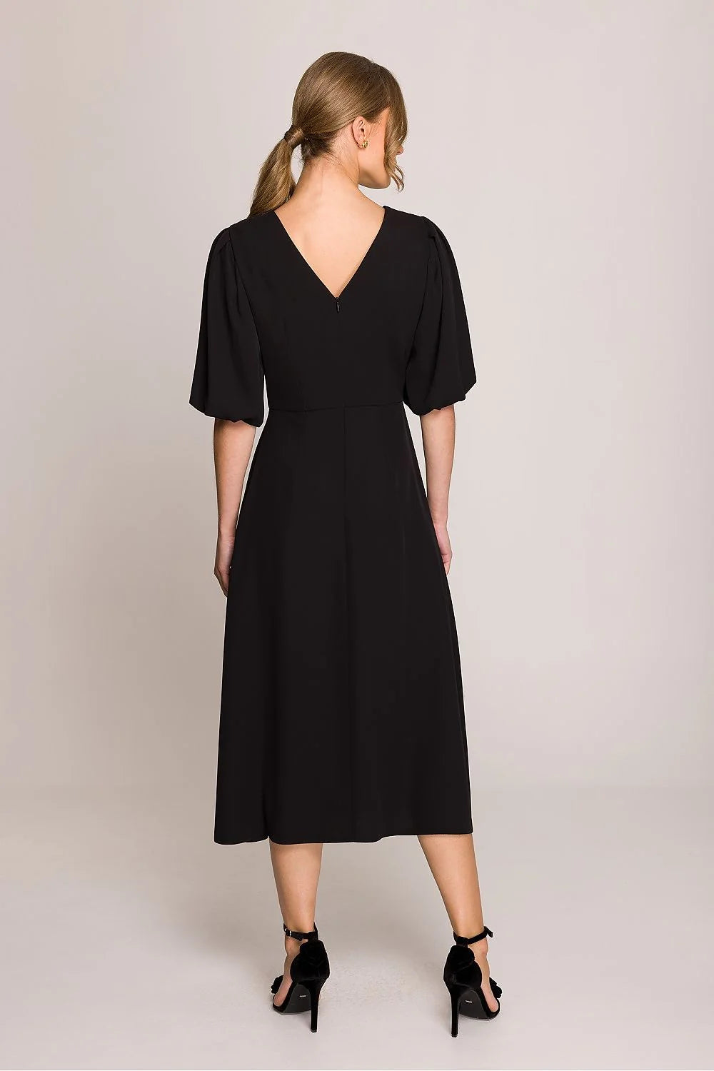 Robe de jour élégante midi manches bouffantes dos V encolure ronde noire polyester elasthanne femme