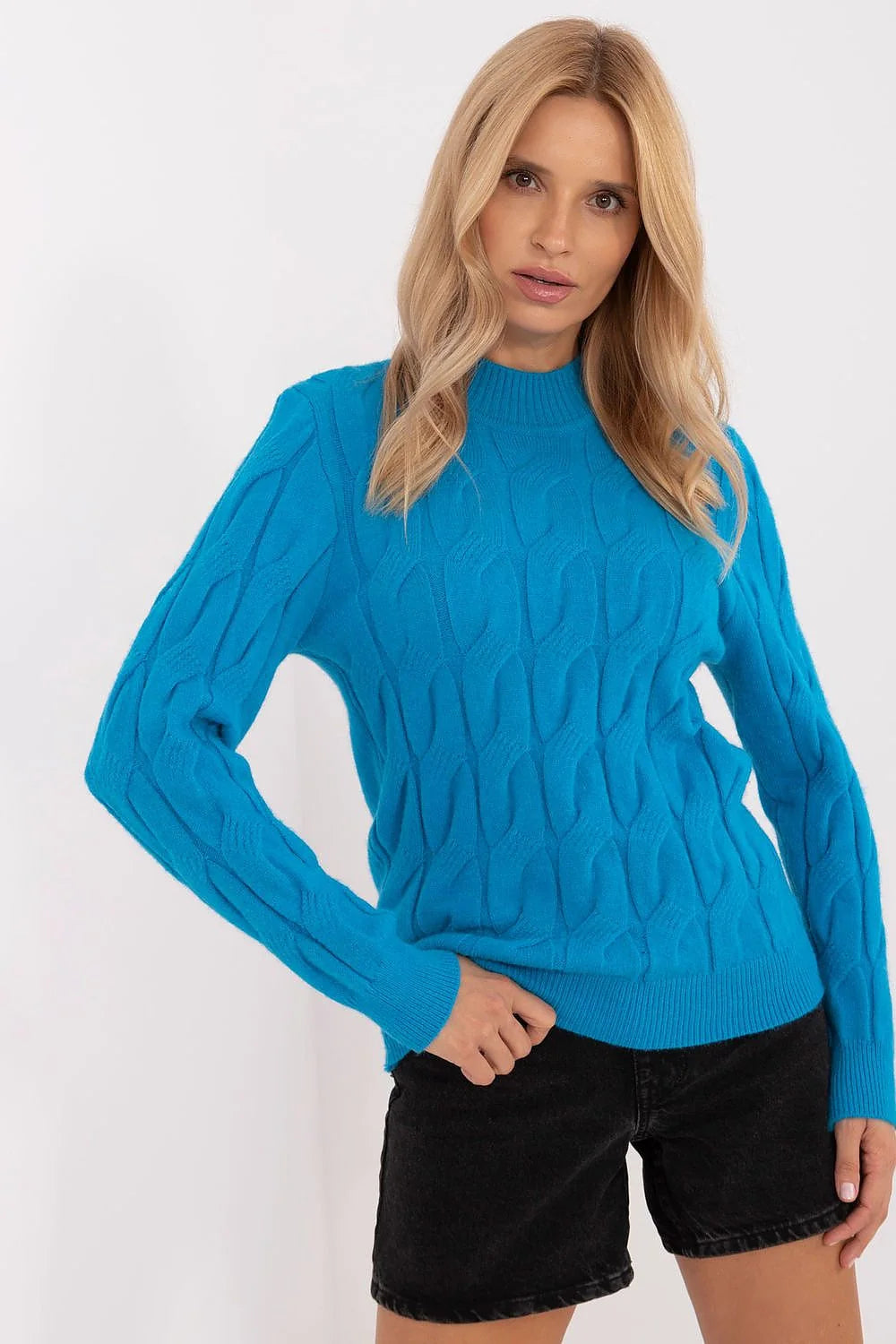 Pull à motif torsadé pour femme, manches longues, couleur bleu vif, coupe ajustée, style moderne et élégant, matière douce, col rond côtelé, occasion polyvalente, vêtement tendance, mode automne/hiver, cadeau parfait, femmes