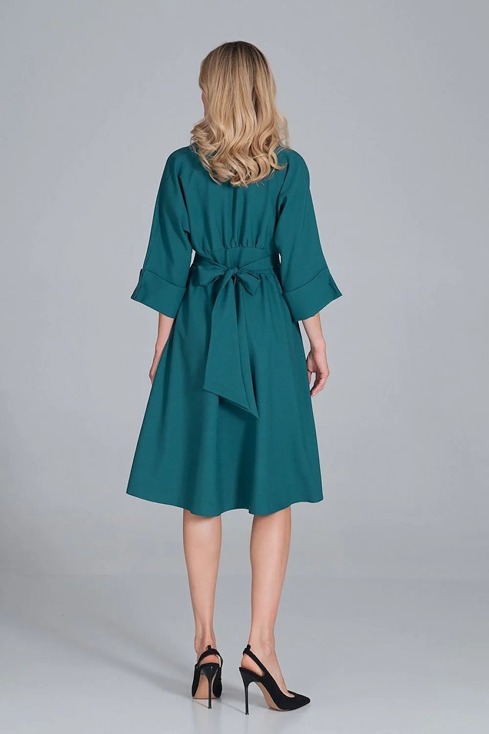 Robe midi polyester élégante rose vive manches trois-quarts boutons col V femme mode chic