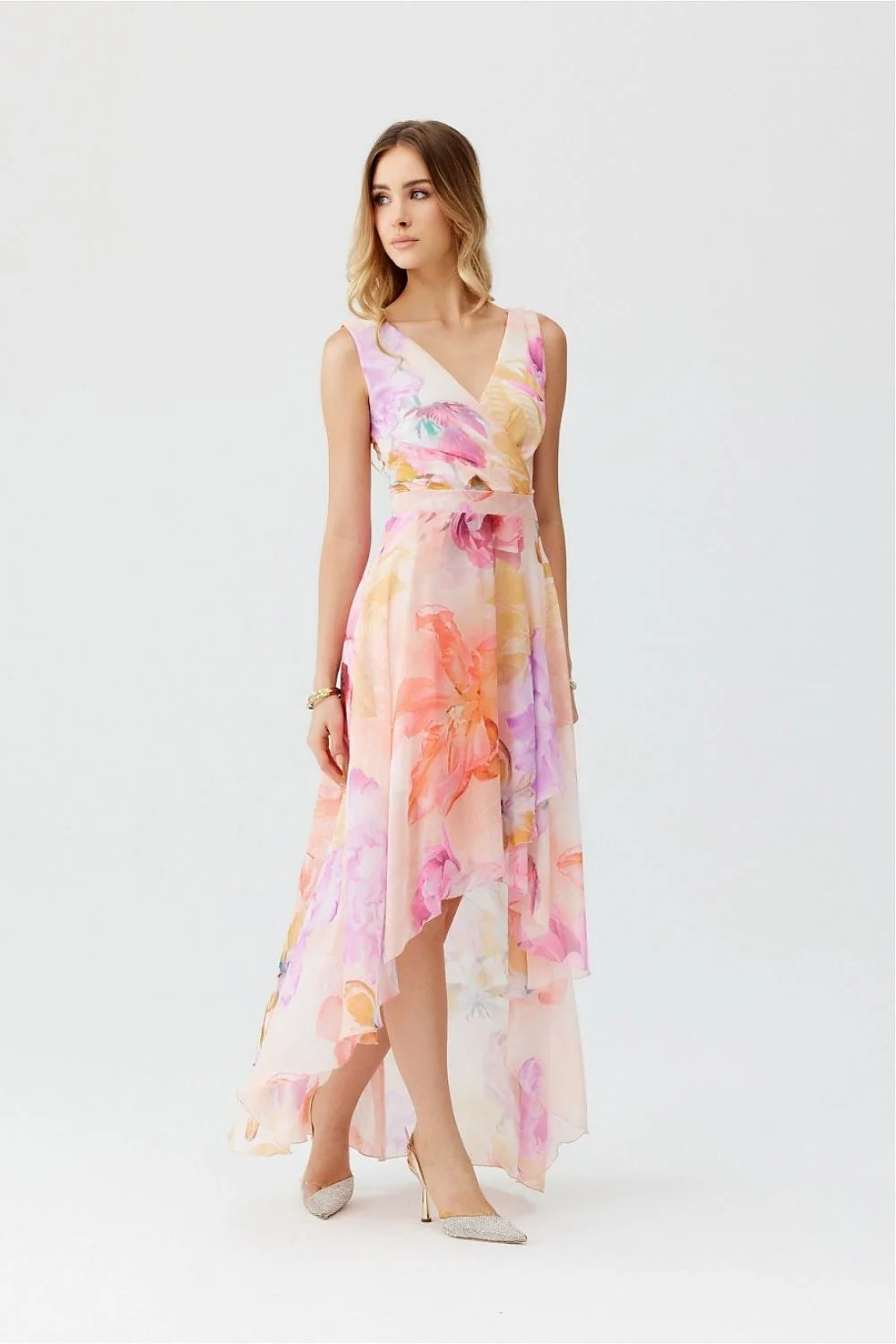 Robe de cocktail Roco Fashion en mousseline longue asymétrique décolleté en V floral pastel femme