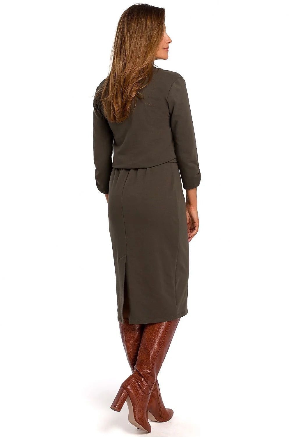 robe midi droite crayon cintrée taille marquée col V maille jersey coton extensible beige clair manches troisquarts