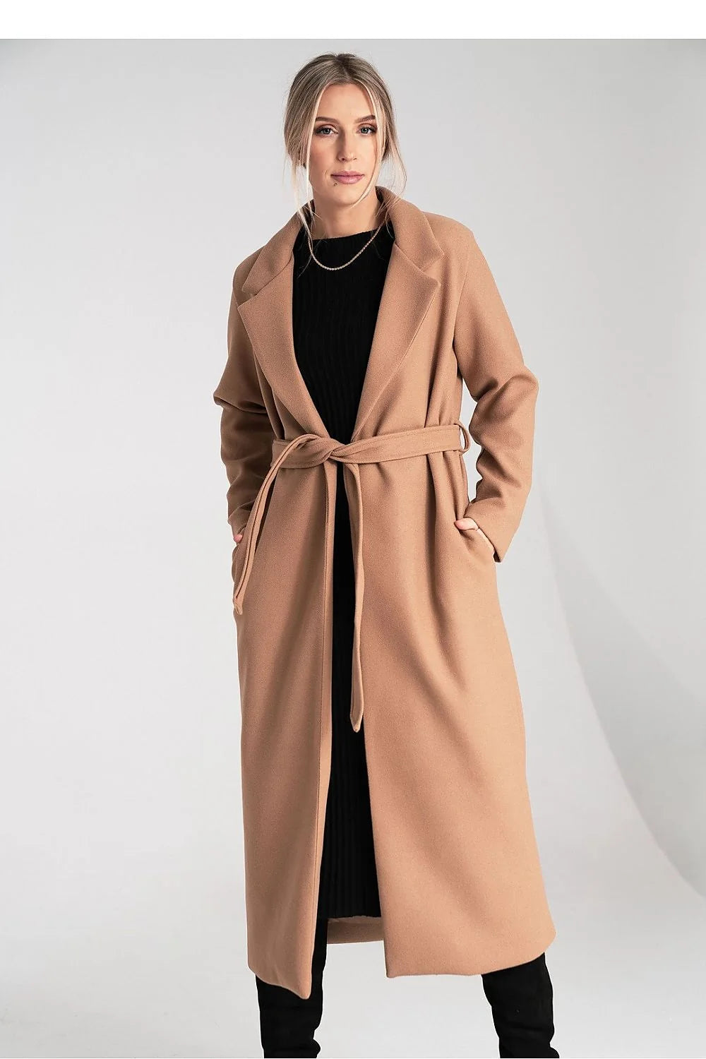 manteau long femme ceinturé camel effet laine coupe droite oversize col tailleur revers classique épuré mi mollet poches latérales discrètes