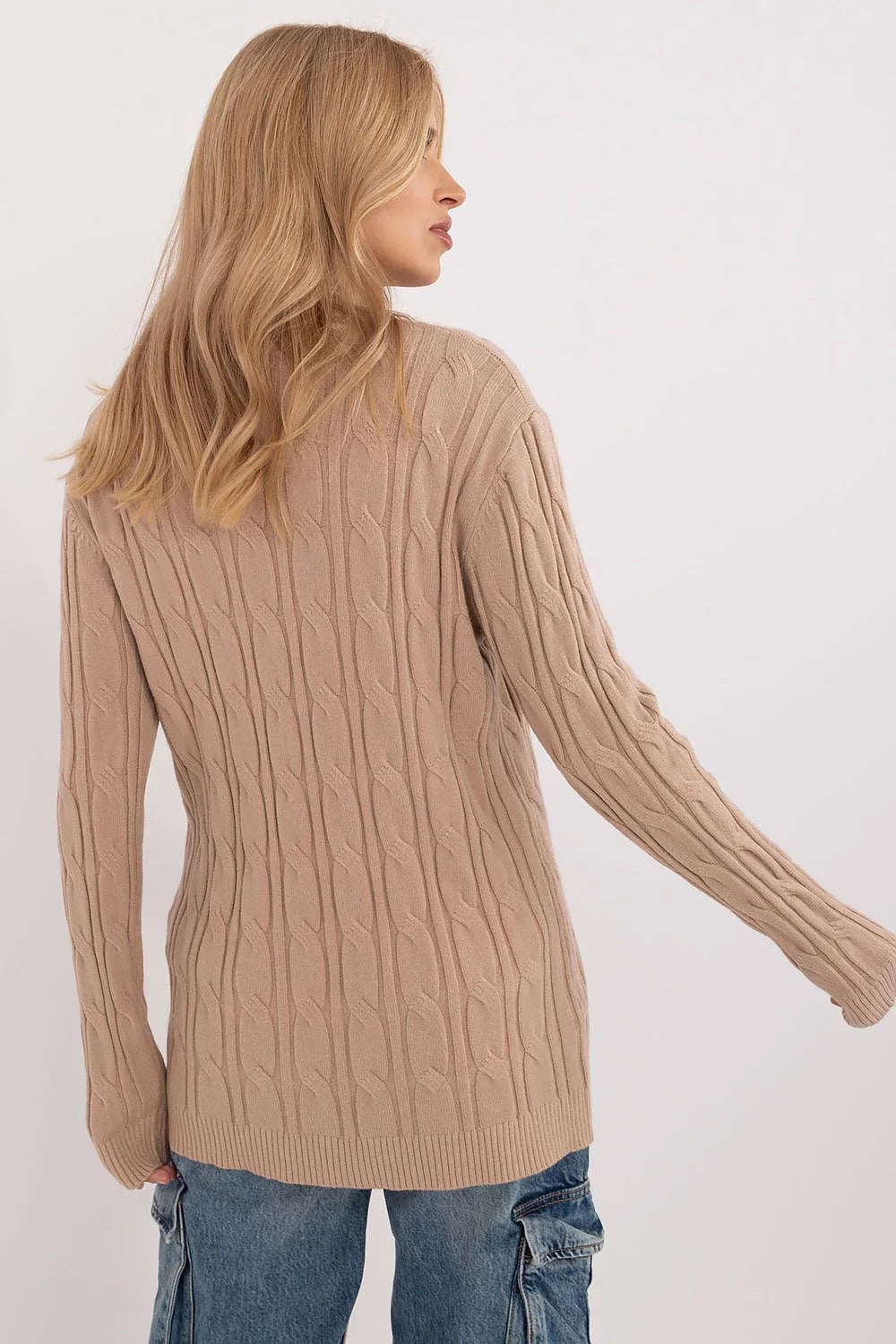 Pull pour femme élégant en viscose nylon PBT motif torsadé beige longueur standard manches longues col rond finitions côtelées coupe droite oversize