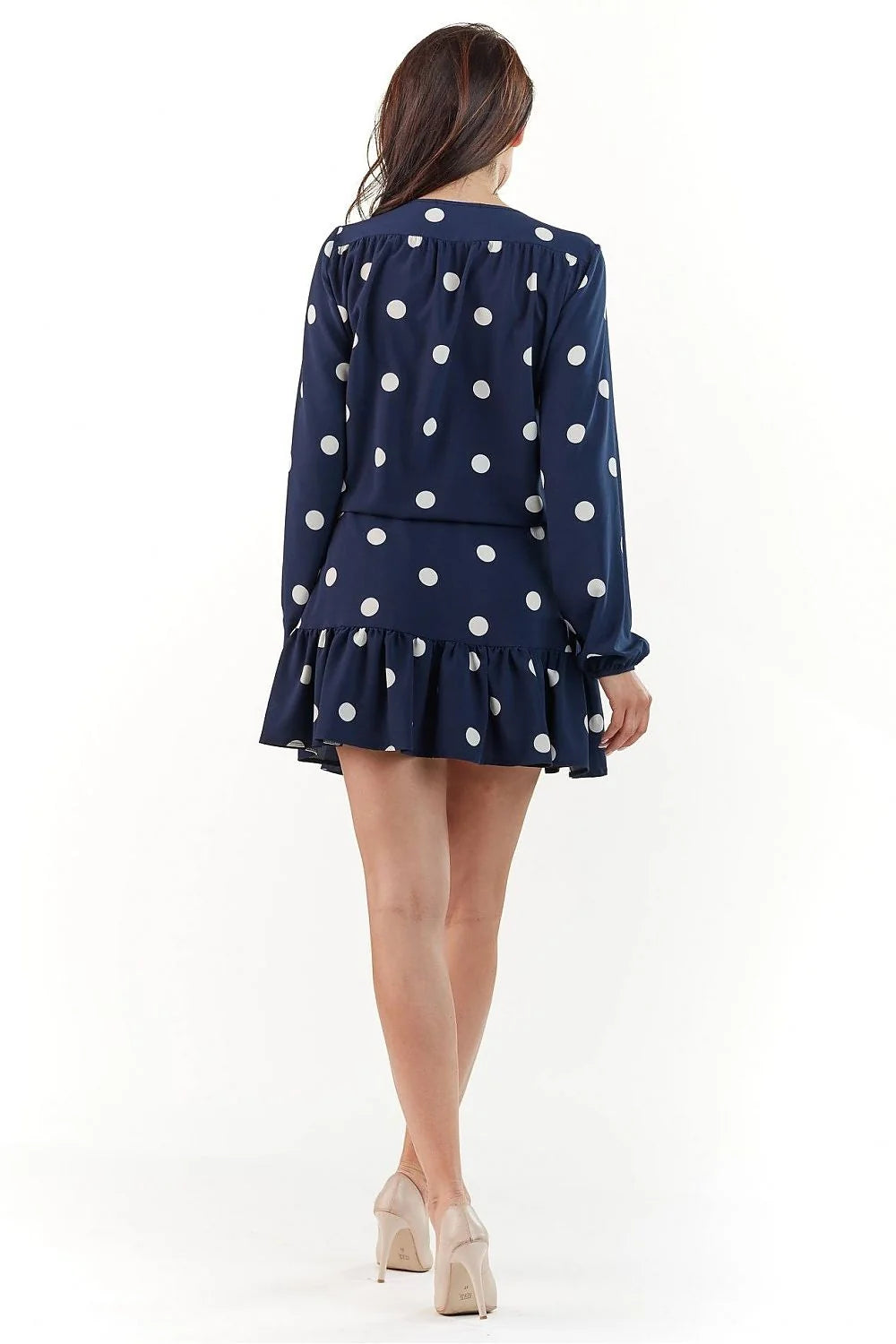 Robe courte élégante polyester chic bleu marine pois féminine manches longues col rond volants