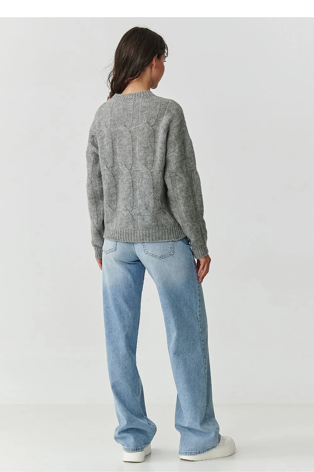 pull femme torsadée maille oversize col rond manches longues ballon gris chiné duveteuse mohair laine acrylique polyamide bords côtes poignets
