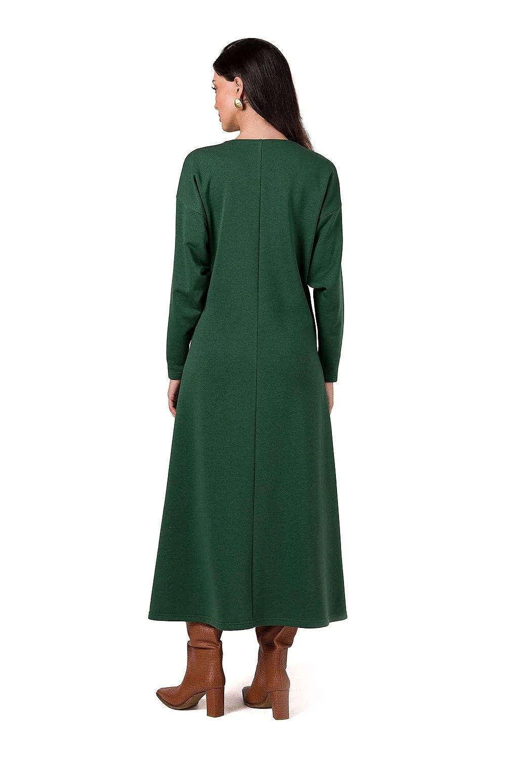 Robe longue élégante pour femme en maille manches longues V profond couleur verte profonde coupe évasée