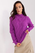 pull femme maille torsadée violet fuchsia lumineux col montant côtelé manches longues coupe droite ample épaisse douce longueur hanches idéale