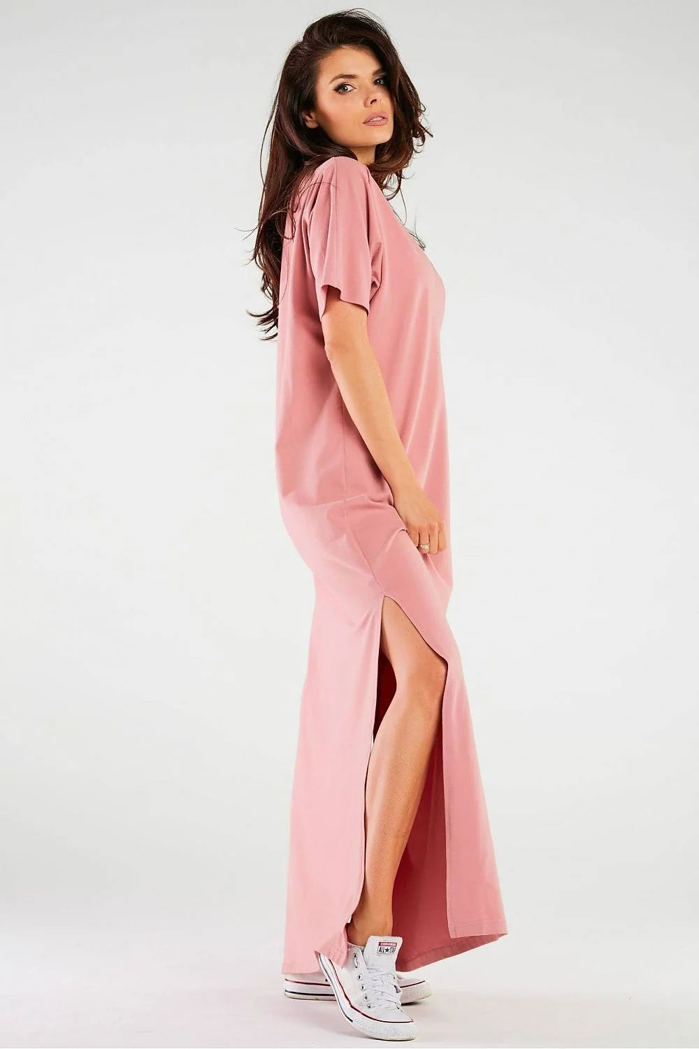 Robe de jour élégante Infinite You rose pâle manches courtes col V slit latéral coton jersey femme