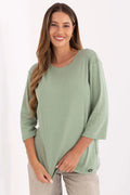 chemisier femme casual manches trois quart col rond oversize mi longue maille jersey douce vert sauge minimaliste confortable