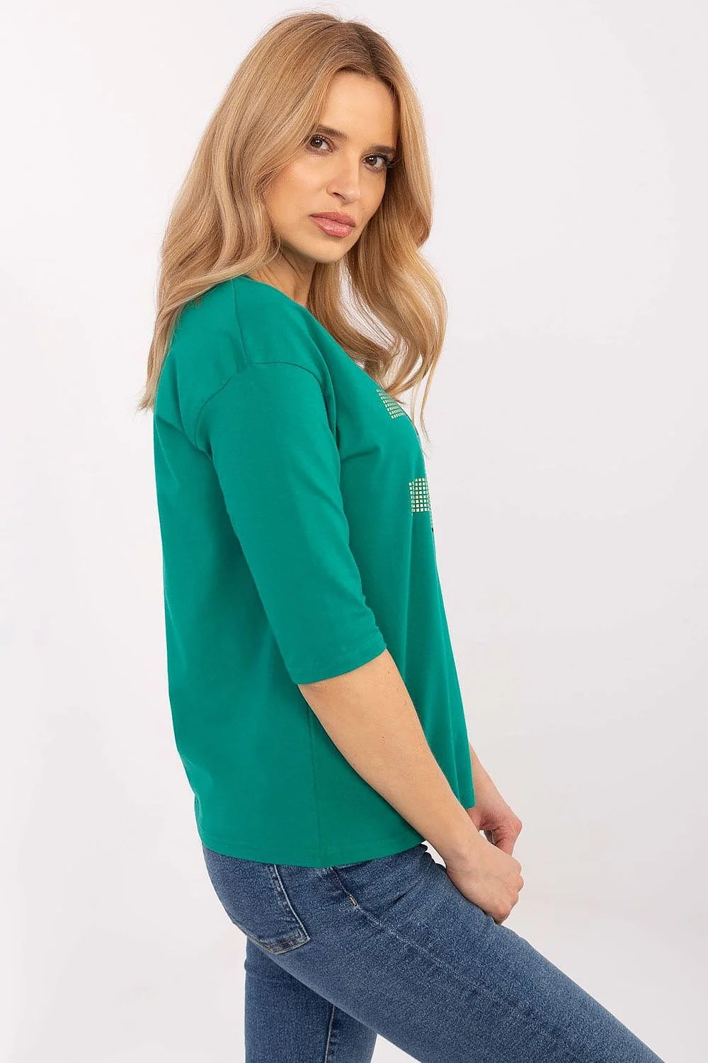 chemisier femme vert émeraude manches troisquarts encolure ronde jersey coton stretch doux respirant imprimé graphique cœur lettrage kind heart décontracté