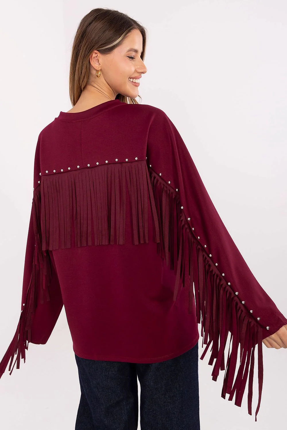 sweatshirt femme bordeaux foncé ample hanches col rond viscose polyester maille douce manches longues franges suédine rivets argentés