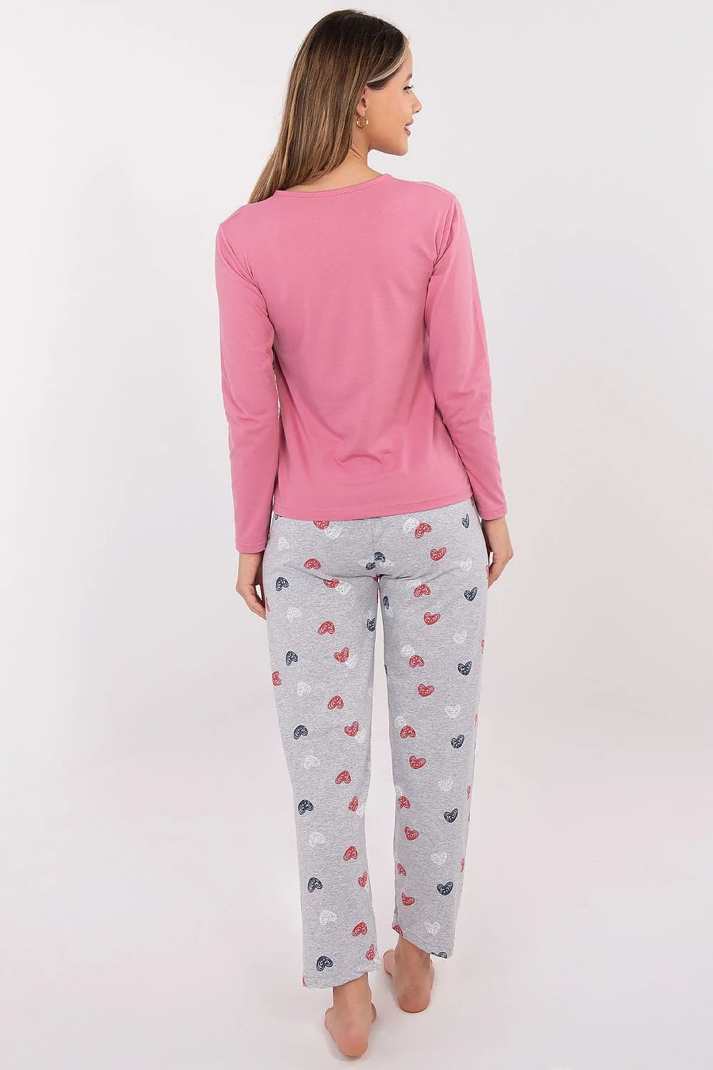 ensemble pyjama femme coton doux respirant jersey manches longues col rond coupe décontractée rose gris chiné cœurs multicolores confortable