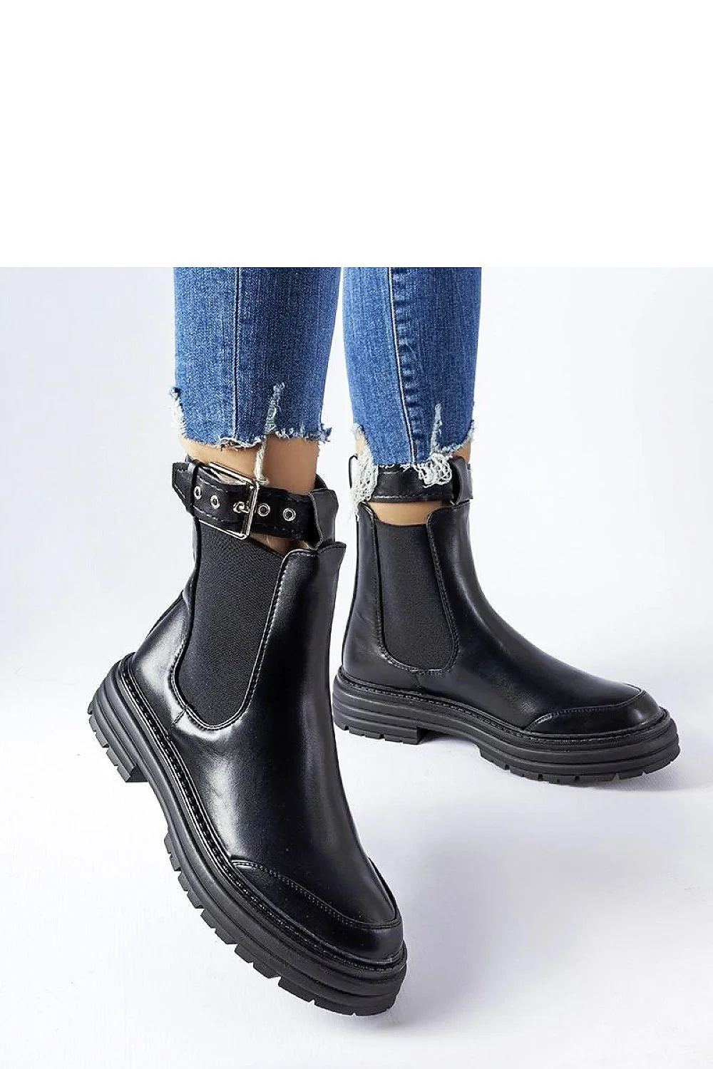 bottines noires femme Chelsea similicuir lisse brillantes montantes cheville panneaux élastiques boucle métallisée bride réglable semelle épaisse crantée antidérapante confortables