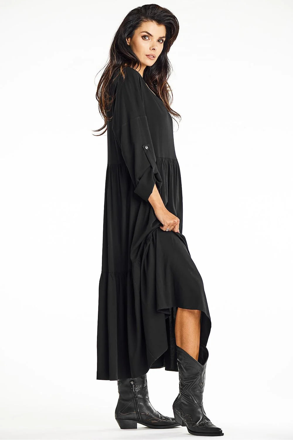 Robe de jour awama longue ample en viscose noire manches longues col V taille haute femme