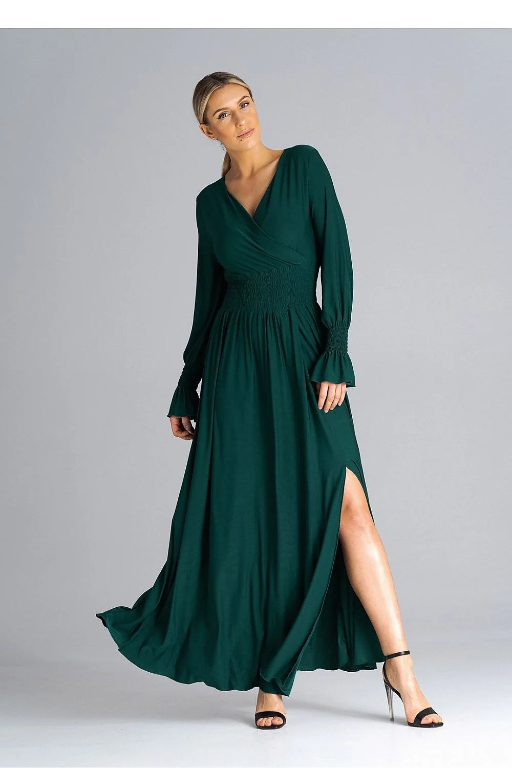 Robe longue élégante pour femme vert foncé manches longues en V fente haute taille ajustable soirée occasion spéciale