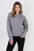 Pull tricoté femme Chandail MKM motif torsadé gris clair manches longues coupe ample encolure ronde finitions côtelées maille épaisse mode casual chic
